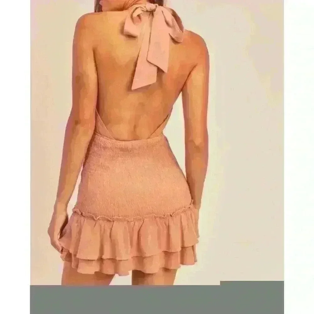 HALTER MINI DRESS WITH SMOCKED SKIRT - Picture 2 of 5